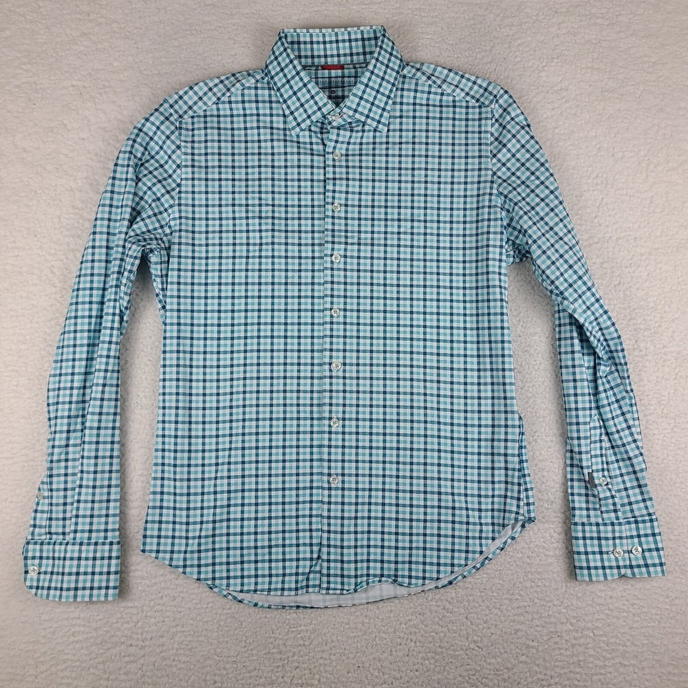 Stone Rose Shirt Mens Medium Teal Check Plaid Hi Tech Dress Wear Lined Button Up